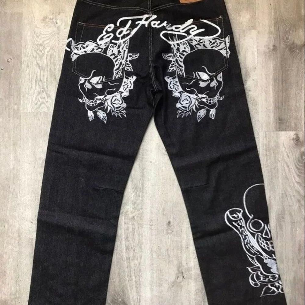 RogueWave European and American Retro High Street Hip-hop Oldschool Skull Embroidery Loose Casual Stylish Jeans Trousers