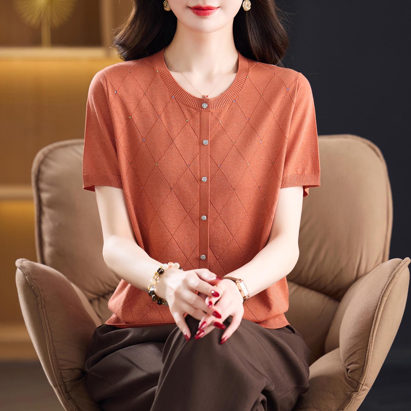 

Middle-aged Women s Ice Silk Short Sleeve T-shirt with Wide-leg Pants XL помаранчевий