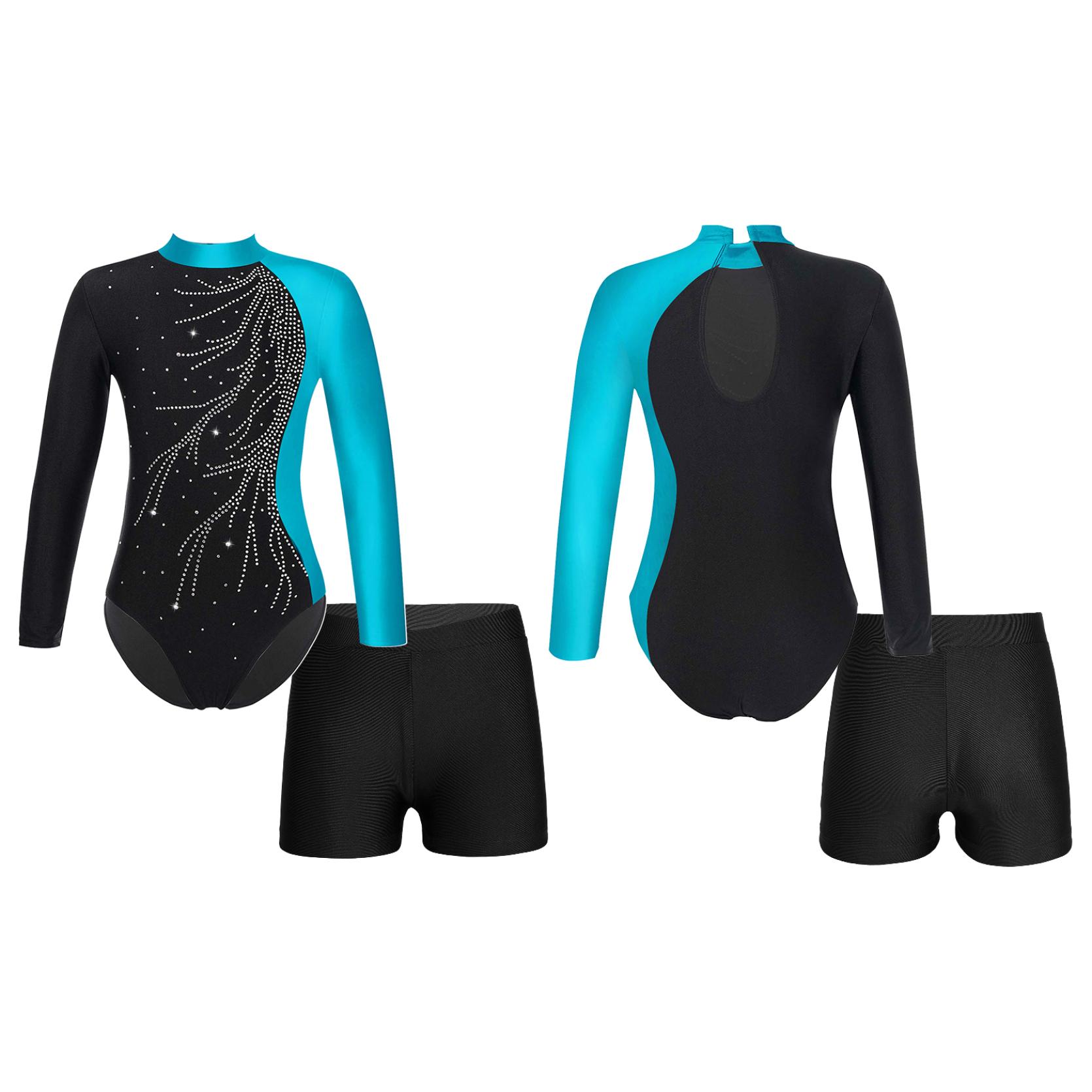 

Детский гимнастический купальник с длинными рукавами для девочек и шорты, комплект из 2 предметов, блестящие танцевальные комбинезоны, велосипедки 7-8 Years озеро синий