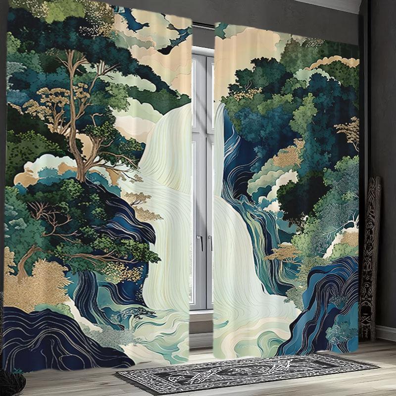 2PCS East Asian Landscape Sheer Curtains – Green Mountain Tree Print   Rod Pocket Polyester for Living Room Bedroom Dining