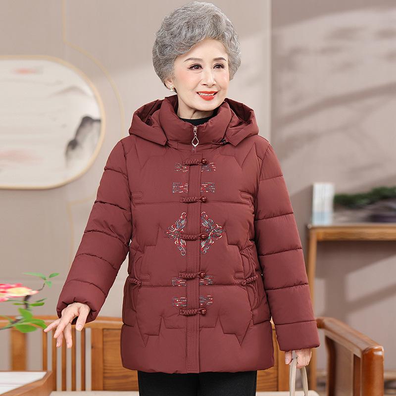 Elderly Women's Winter Jacket: Fleece-Lined Cotton Coat, New Chinese Style, Ideal for Mothers and Grandmothers