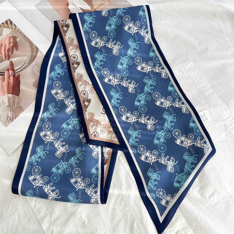Silk Scarf Women's Blue Pony Carriage Temperament Mulberry Silk Silk Scarf Thin, Narrow and Long Double-sided Scarf Streamer