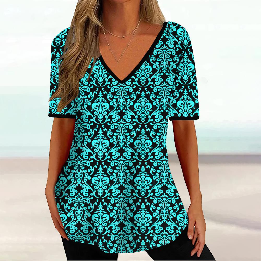 Summer V-neck 3D Geometric Striped Printed Top Fashionable Casual Short Sleeved Women's T-shirts