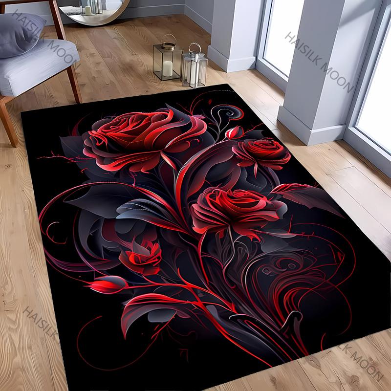 15 Sizes Dark Red Rose Art Carpet Rug for Living Room Bedroom Sofa Doormat Non-slip Floor Mat, Modern Style Mat Wonderful Gift