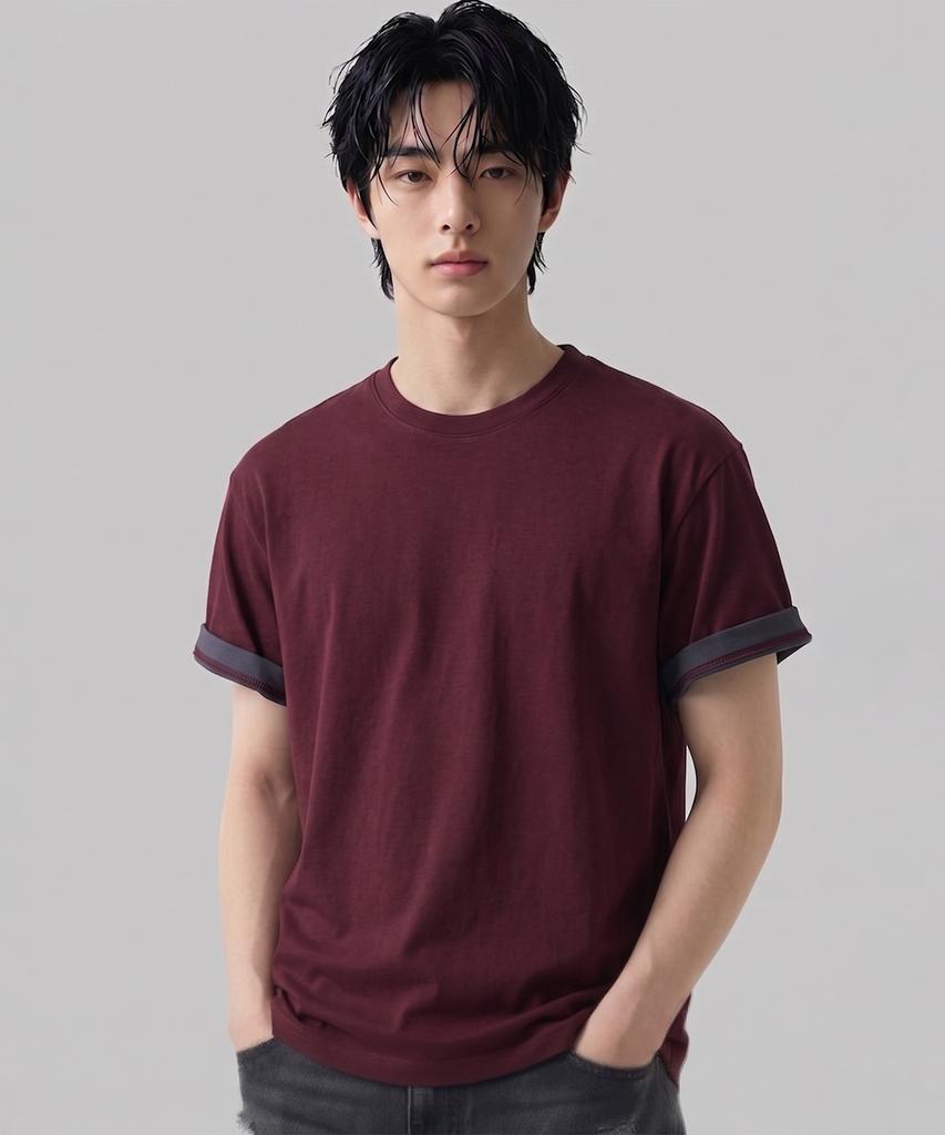 VANNWORKS [Crop] Layered Roll-Up Short Sleeve T-Shirt (Vs0301) Burgundy