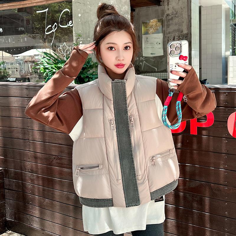 Autumn and winter down cotton vest women's short loose and thickened new stand-up collar splicing cotton vest vest jacket