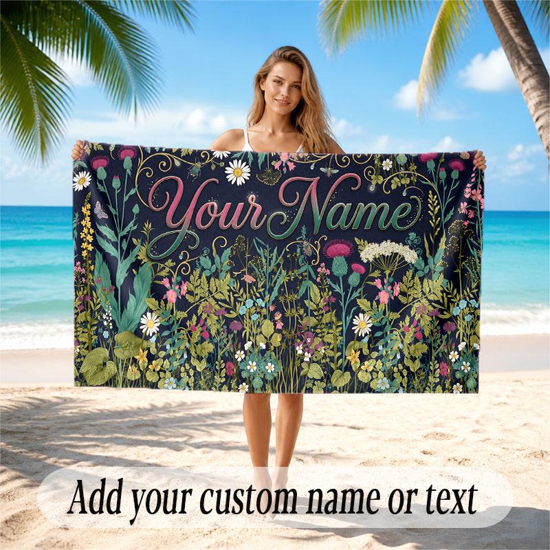 Floral Garden Theme Soft Beach Towel Personalized Custom Name Text Towel Portable for Beach Pool Travel