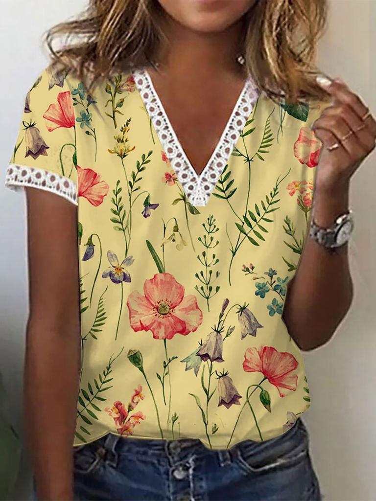 Amazon 2023 popular European and American summer new independent station printing v-neck short-sleeved t-shirt top cross-border women's clothing