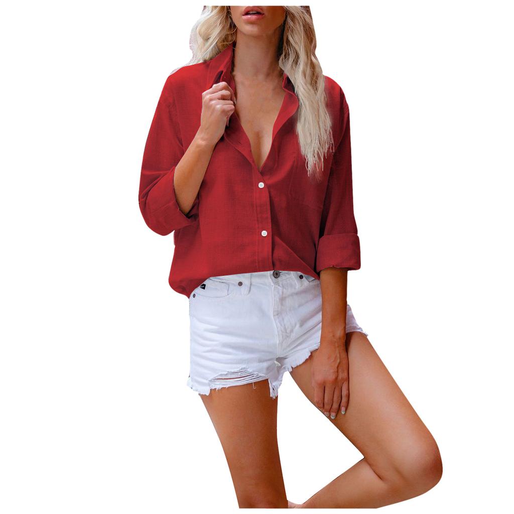 Women Solid Color Cotton Linen Shirt Long Sleeve Lapel Button Button Shirt