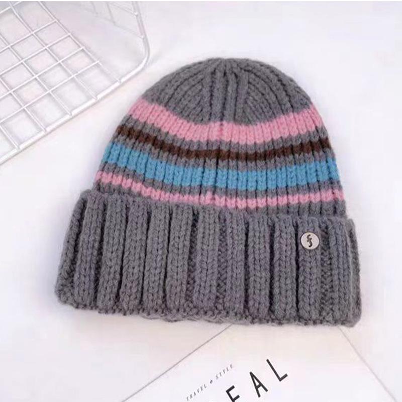 

Colorblock Striped Knitted Hat for Women In Autumn and Winter New Style Korean Simple Niche Cold proof and Warm Woolen Hat Trend M（56-58cm）