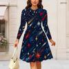 Women Plus Size Round Neck Long Sleeve Midi Dress Glitter Star Fireworks Swirl Print High Waist Swing Dress