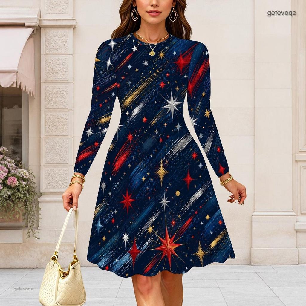 Women Plus Size Round Neck Long Sleeve Midi Dress Glitter Star Fireworks Swirl Print High Waist Swing Dress