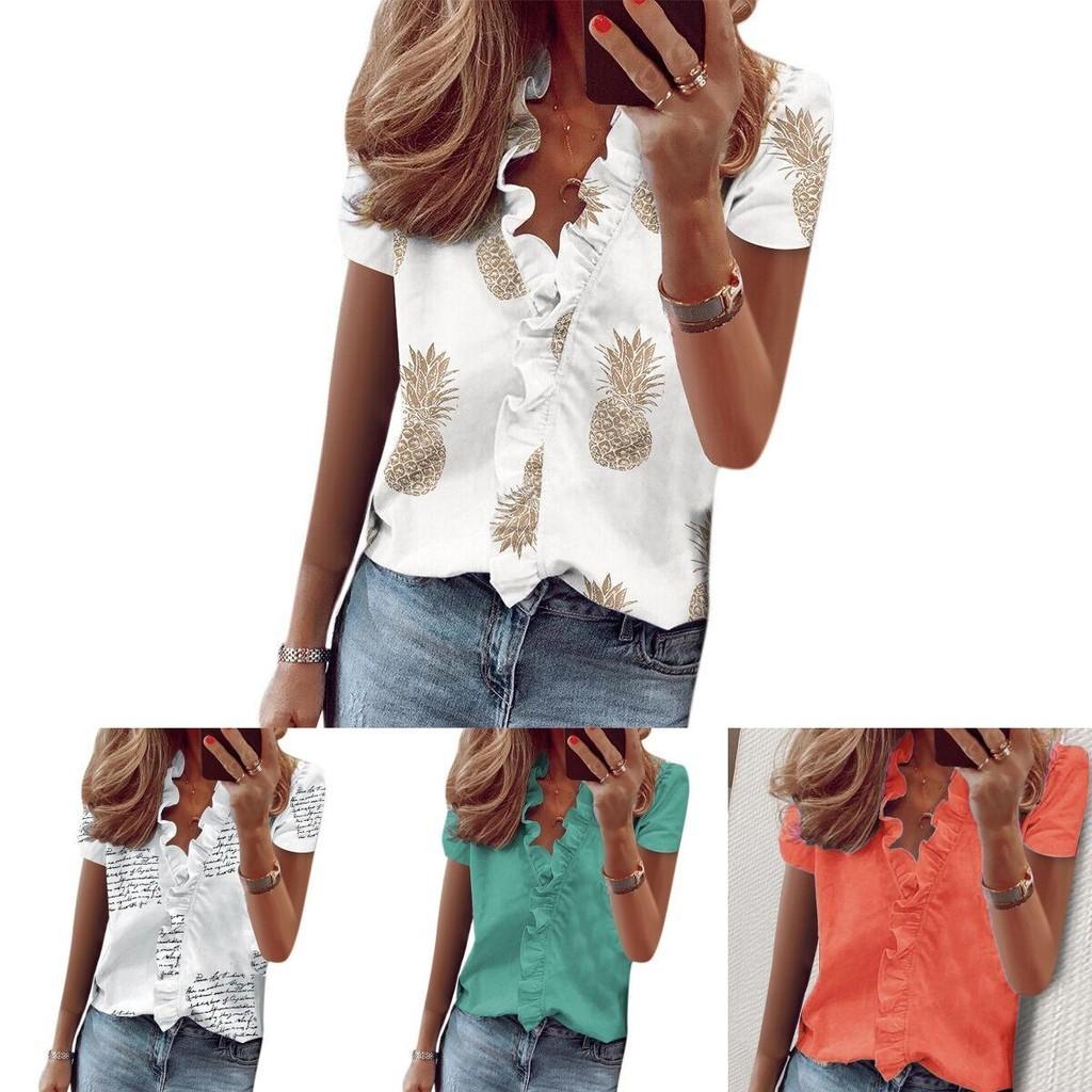 Stylish Women's V Neck Ruffle Short Sleeve T Shirt With Fashionable Daisy Print