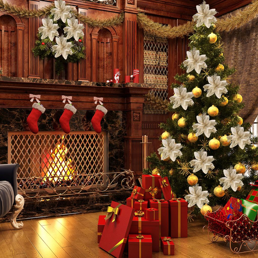 10/5pcs Sparking Christmas Flowers Artificial Plastic Xmas Tree Flower Ornament 5.5inch DIY Home Crafting Holiday Decoration