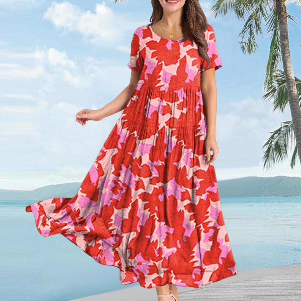 Women Casual Loose Bohemian Floral Dress Short Sleeve Long Maxi Summer Beach Swing Dress