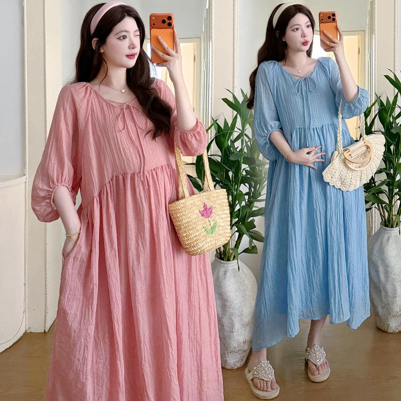 2026 Korean Loose-Fit Maternity Cotton Linen Dress