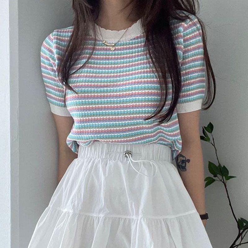 

Chic Gentle round Neck Contrast Color Short-Sleeved Sweater Pullover Pink All yards