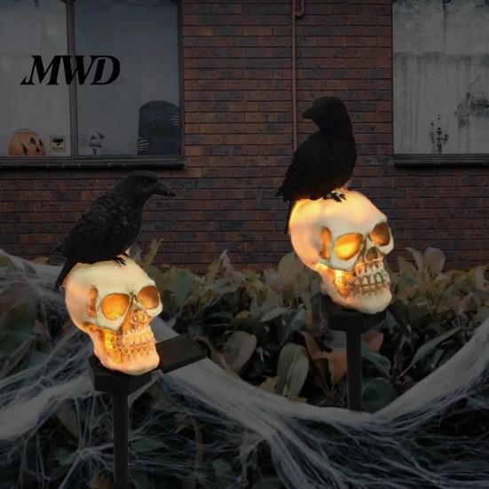 Solar Powered Pathway Lighting LED Crow Skull Light, Waterproof Halloween Gothic Decorative Stakes for Flowerbeds on Skeleton Head Stake Lamp Garden,