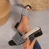 Women's European American Fashion One Strap Rhinestone High Heel Chunky Heel Slide Sandals