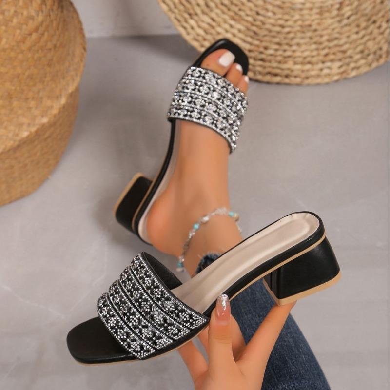 Women's European American Fashion One Strap Rhinestone High Heel Chunky Heel Slide Sandals