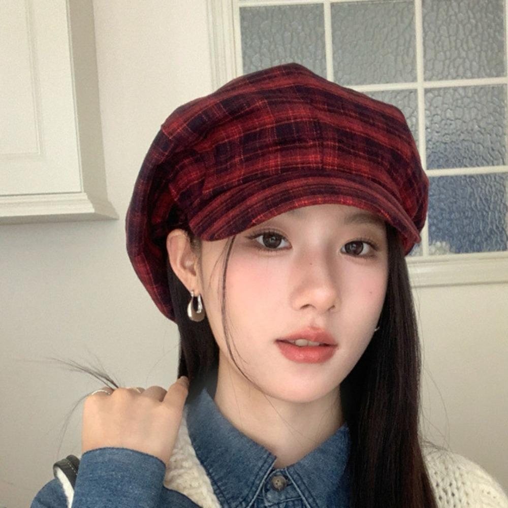Cotton Grid Beret Cap Thin Women Octagonal Hat Vintage Plaid Cloud Cap  Girls