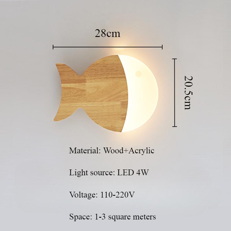Nordic Wall Lamp Modern Simple for Boy Girl Children's Rooms Bedrooms Bedside Lamp Creative and Personalized Oak Fish LED Lights