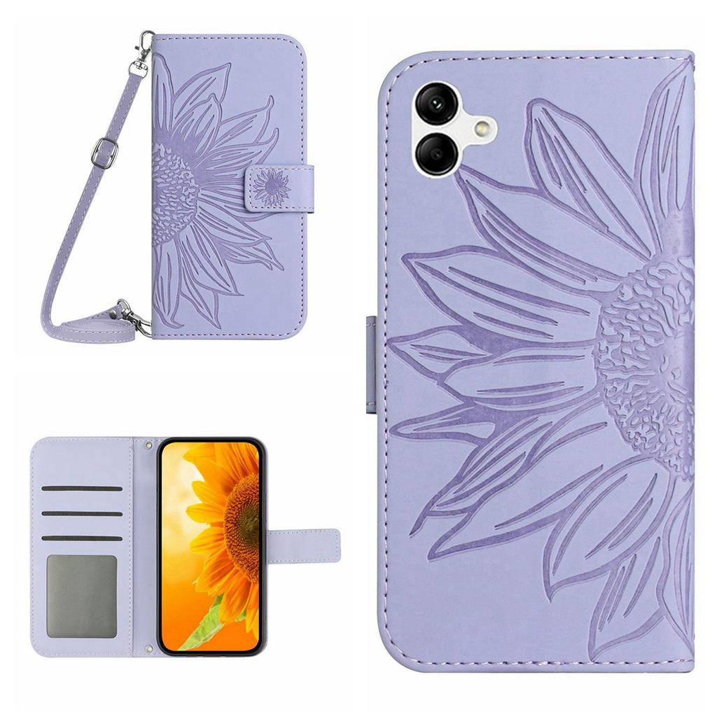 HT04 For Samsung Galaxy A06 4G Case PU Leather Sunflower Imprint Phone Cover with Long Strap
