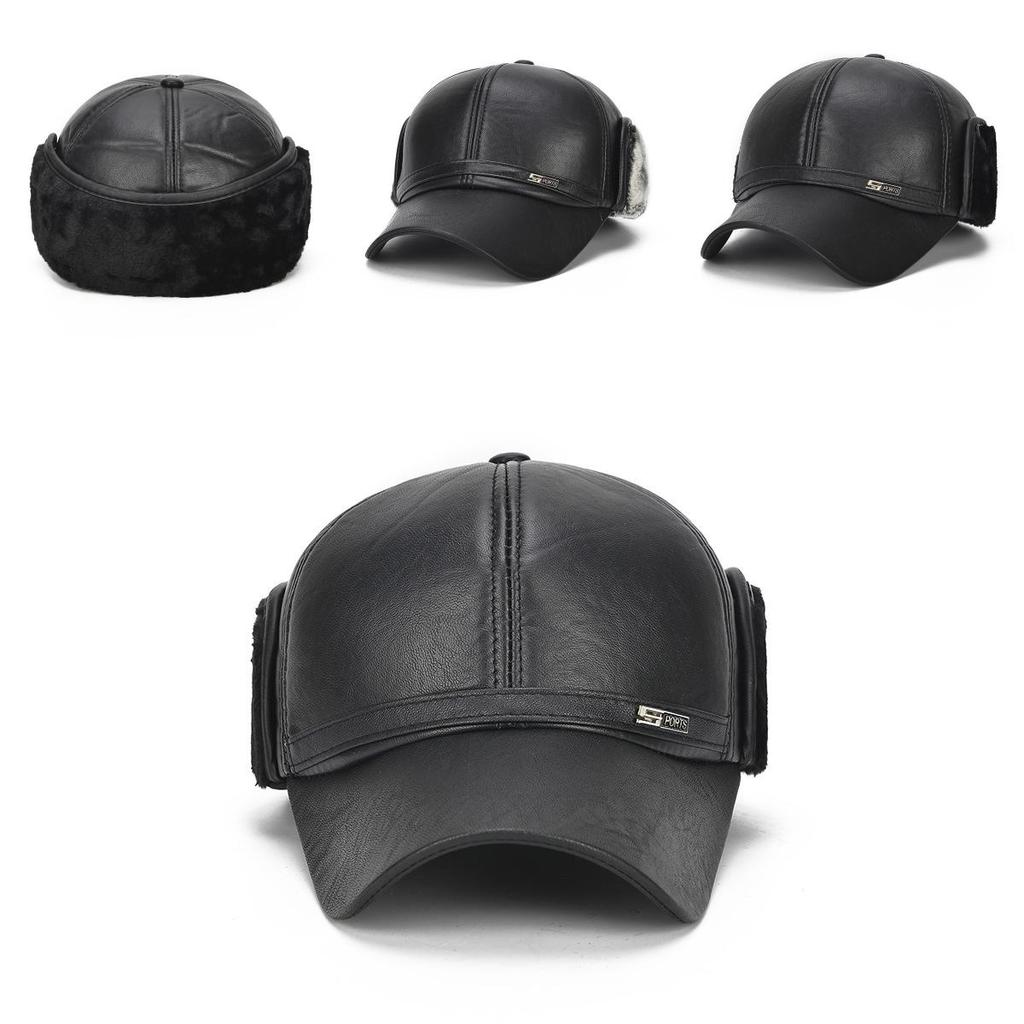 Luxury Winter Elderly Men Faux Leather Bomber Trapper Hat Cap For Outdoor Warmth