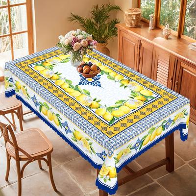Summer Lemon Leaves Printed Tablecloth Holiday Party Decor Lemon Blue Ceramic Tile Kitchen Rectangle Table Cloth Home Decoration