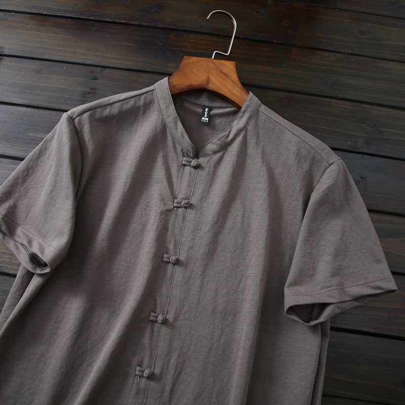 Cool and Breathable, Chinese-Style Linen-Like, Export Surplus Men's Summer Skin-Friendly Soft-Touch Small Stand-Up Collar Short-Sleeve Shirt
