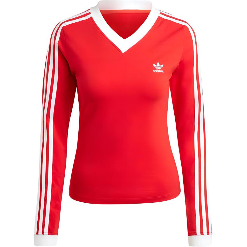 Adidas Originals Classic V-Neck Sports Ribbed Long Sleeve Shirt Women Tops Red IY7248