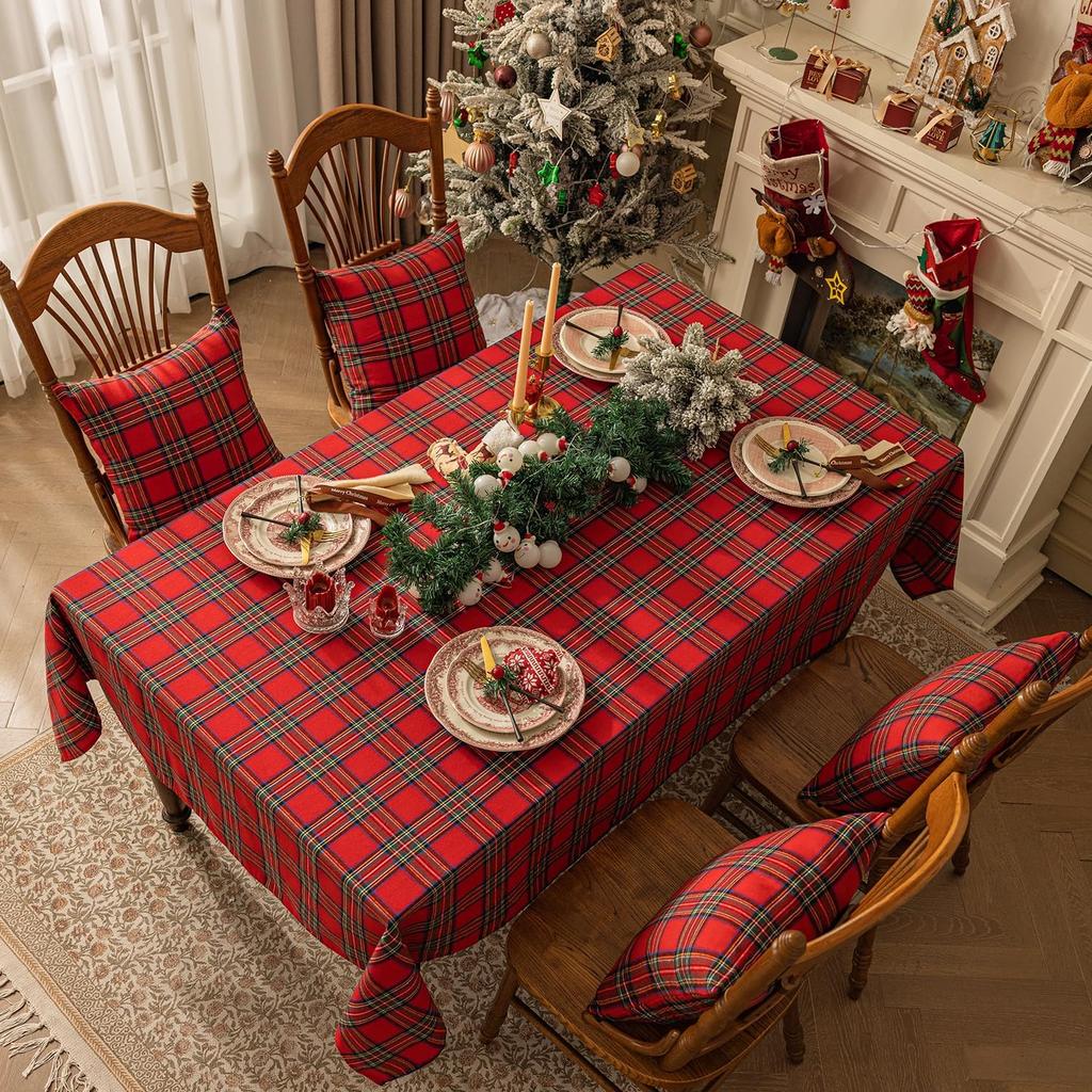 1Pc Christmas Checkered Tablecloth Rectangle - Red Buffalo Plaid Cotton Gingham Xmas Table Cloths, Winter Farmhouse Table
