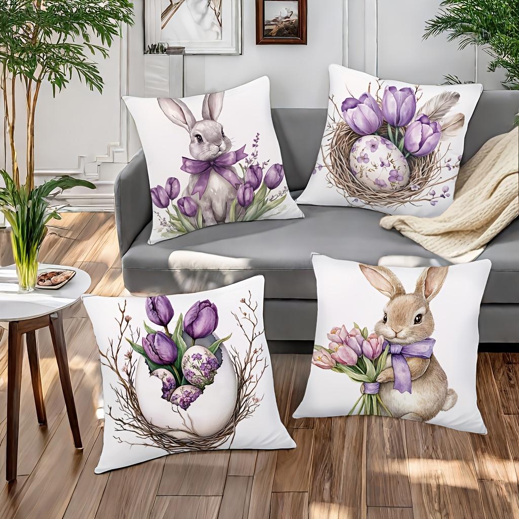 Easter Purple Tulip Bunny Egg Pillow Covers Set Of 4 Watercolor Spring Decor Soft Cozy For Sofa Bed Living Room Easter Gifts
