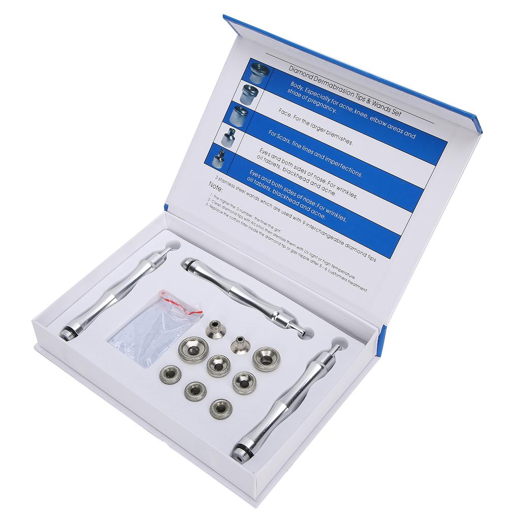 Replacement Diamond Microdermabrasion Dermabrasion Tips with Handle Stainless Steel Filter Set