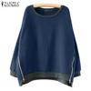 ZANZEA Women Casual Round Neck Long Sleeve Zipper Pullover Sweatshirts