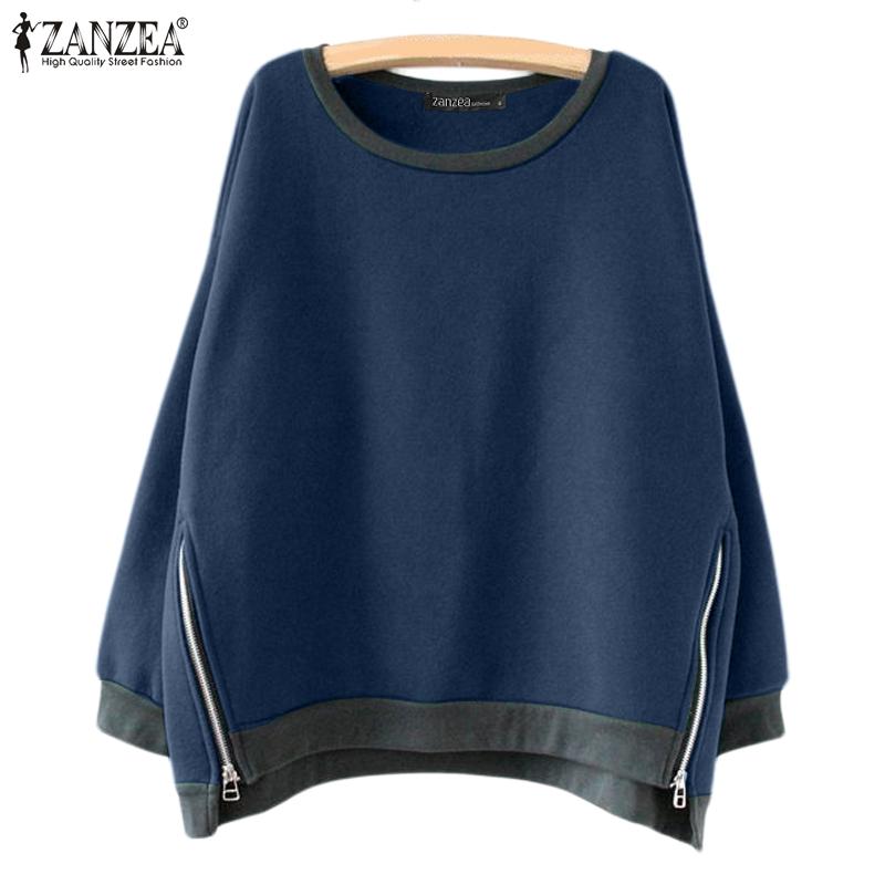 ZANZEA Women Casual Round Neck Long Sleeve Zipper Pullover Sweatshirts