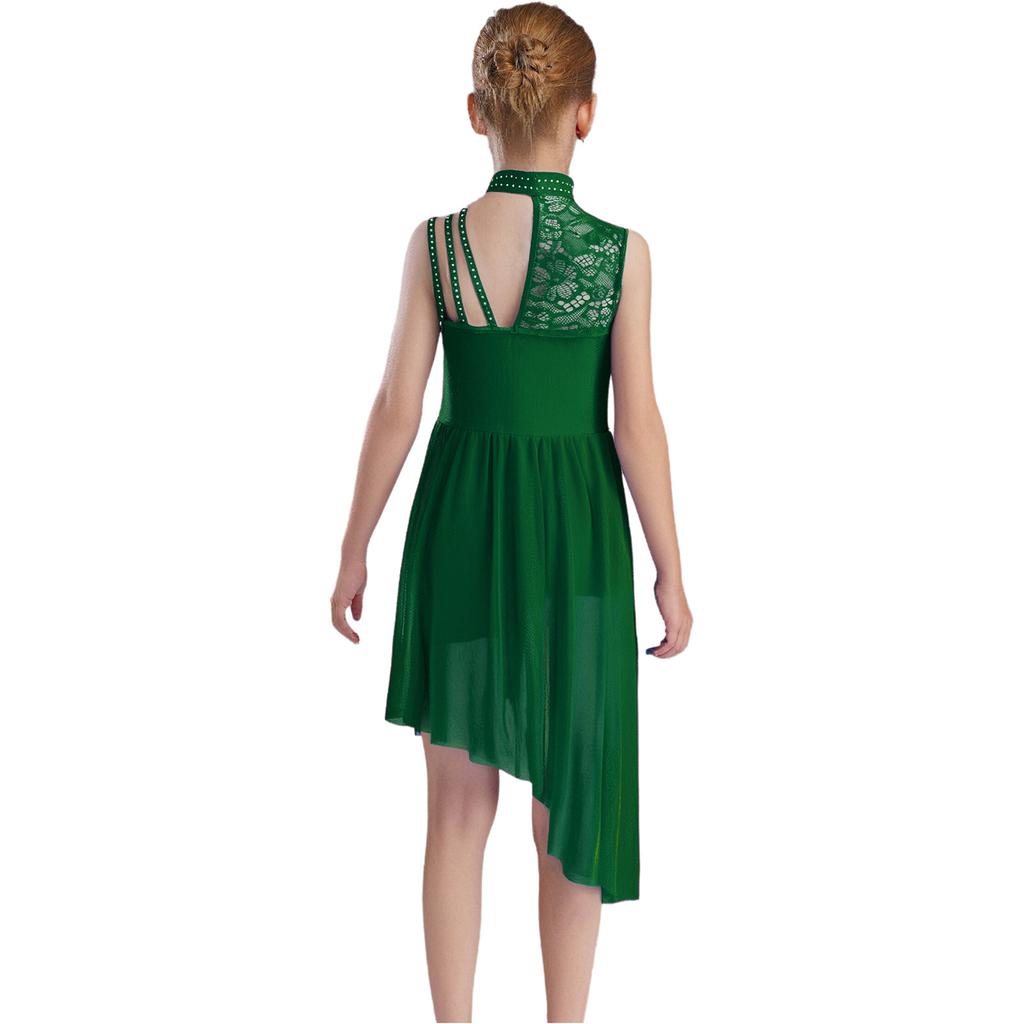 Girls Sleeveless Mock Neck Leotard Dress – Asymmetrical Shoulder Floral Lace with Rhinestones, Irregular Hem for Lyric Dance