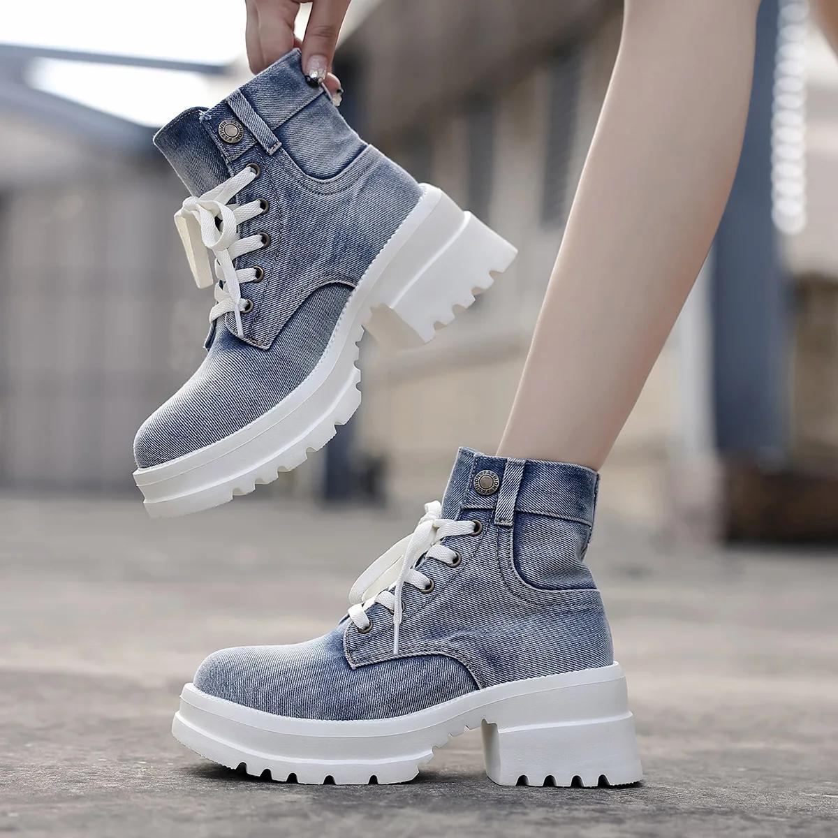 

Модная женская обувь 2024 года, новые женские ботинки, удобные износостойкие женские туфли на высоком каблуке, повседневная обувь для женщин Botines Para Mujeres 36 синий