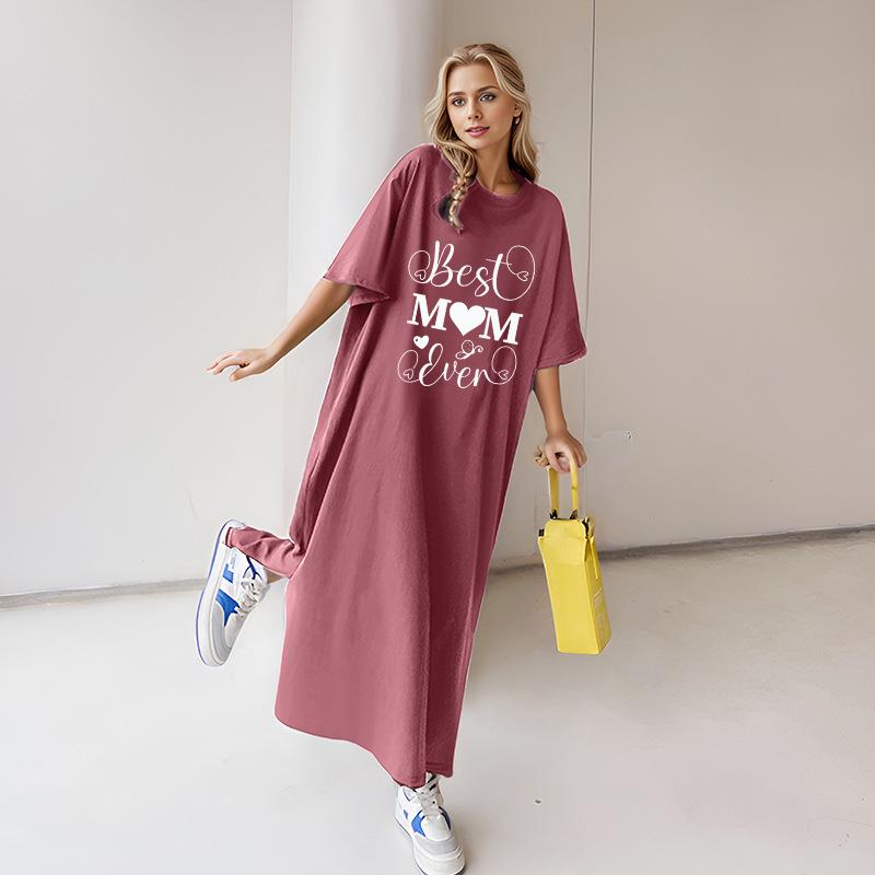 2026 Women's Summer Loose Plus Size Letter Print T-Shirt Dress - Over-the-Knee Short Sleeve