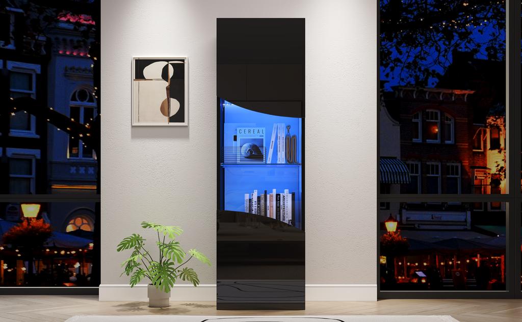 Vetrina da Soggiorno 35*50*165cm, Finitura Lucida (Porte), Alto, Ampio Spazio di Archiviazione e Illuminazione a LED, Design della Superficie Ondulata ad Arco Concavo, Nero