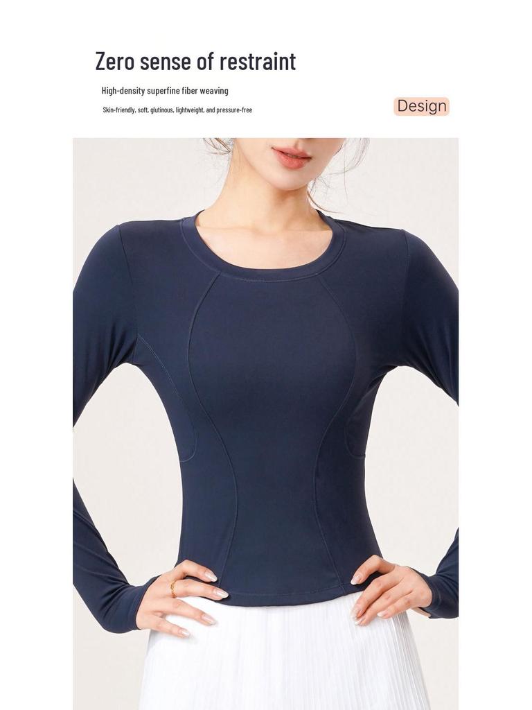 Herbst/Winter Schlank geschnittenes Rundhals Yoga T-Shirt: Hochwertiges lässiges Langarmshirt mit hoher Elastizität für Laufen & Bodycon Fitness