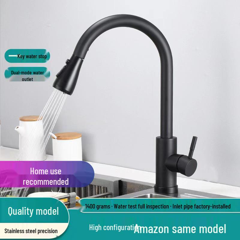 Stainless Steel Telescopic Rotatable Pull-Out Kitchen Faucet with Dual Water Outlets