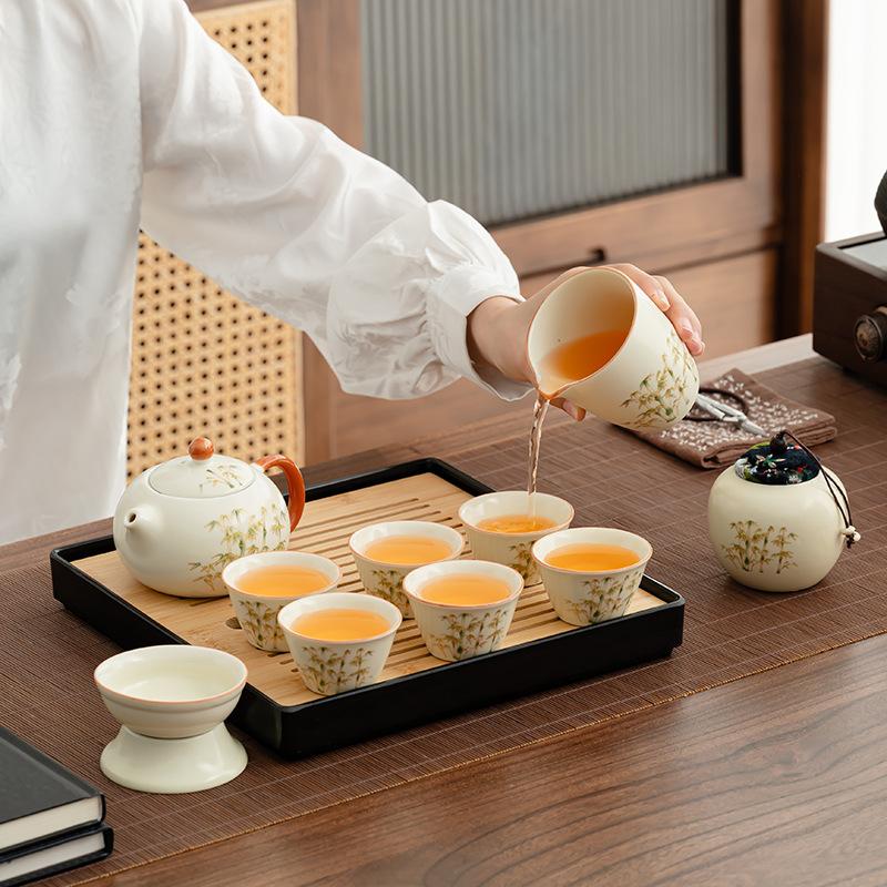 High-end office tea lifting beam pot household light luxury merchandise gifts Chinese gold silk ancient rhyme tea set high-end gift box
