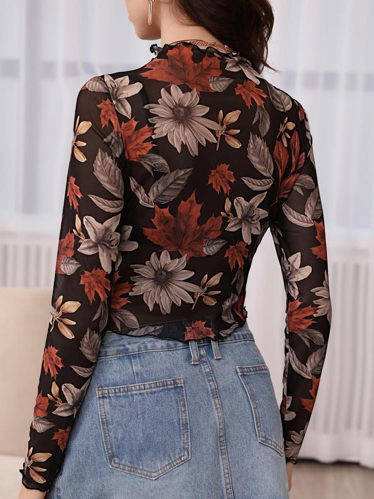 2025 Long Sleeve Mesh Print Crop Top - Sexy See-Through Casual Fashion