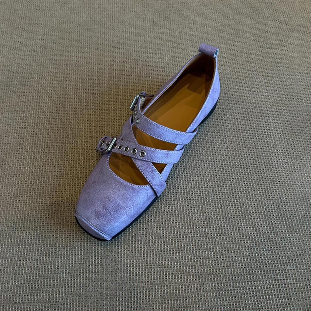 Women's Retro Genuine Leather Shoes 2025 New Shallow Ballet Shoes Women's Cross Button Square Head Flat Mary Jane Shoes