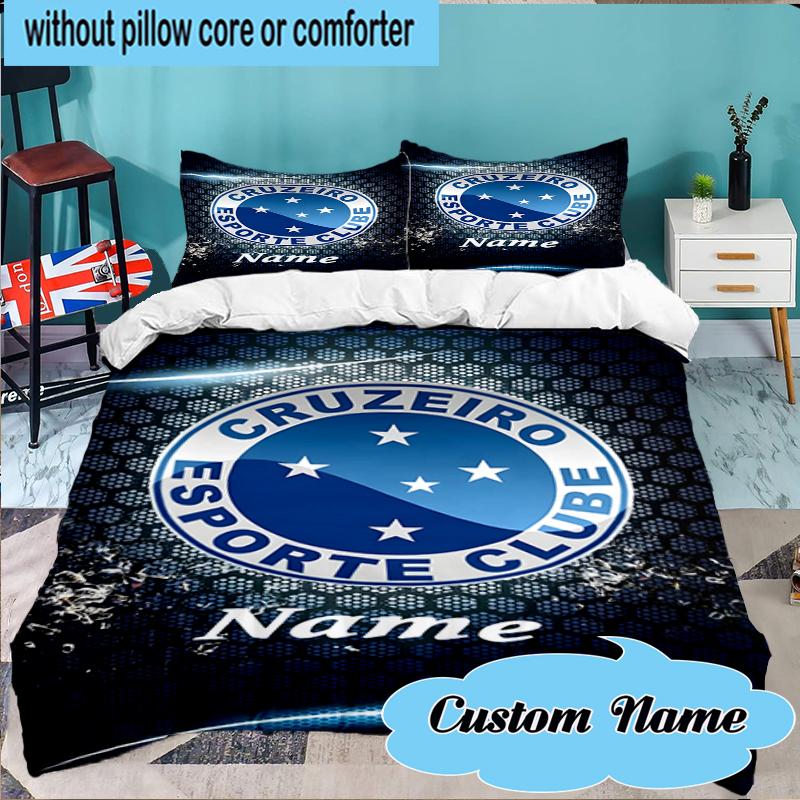 Custom Name Blue Stars Cruzeiro Football Bedding Set 3pcs, Bedding Set Including 1pc Duvet Cover And 2pcs Pillowcases for Bedroom, Dormitory Gift