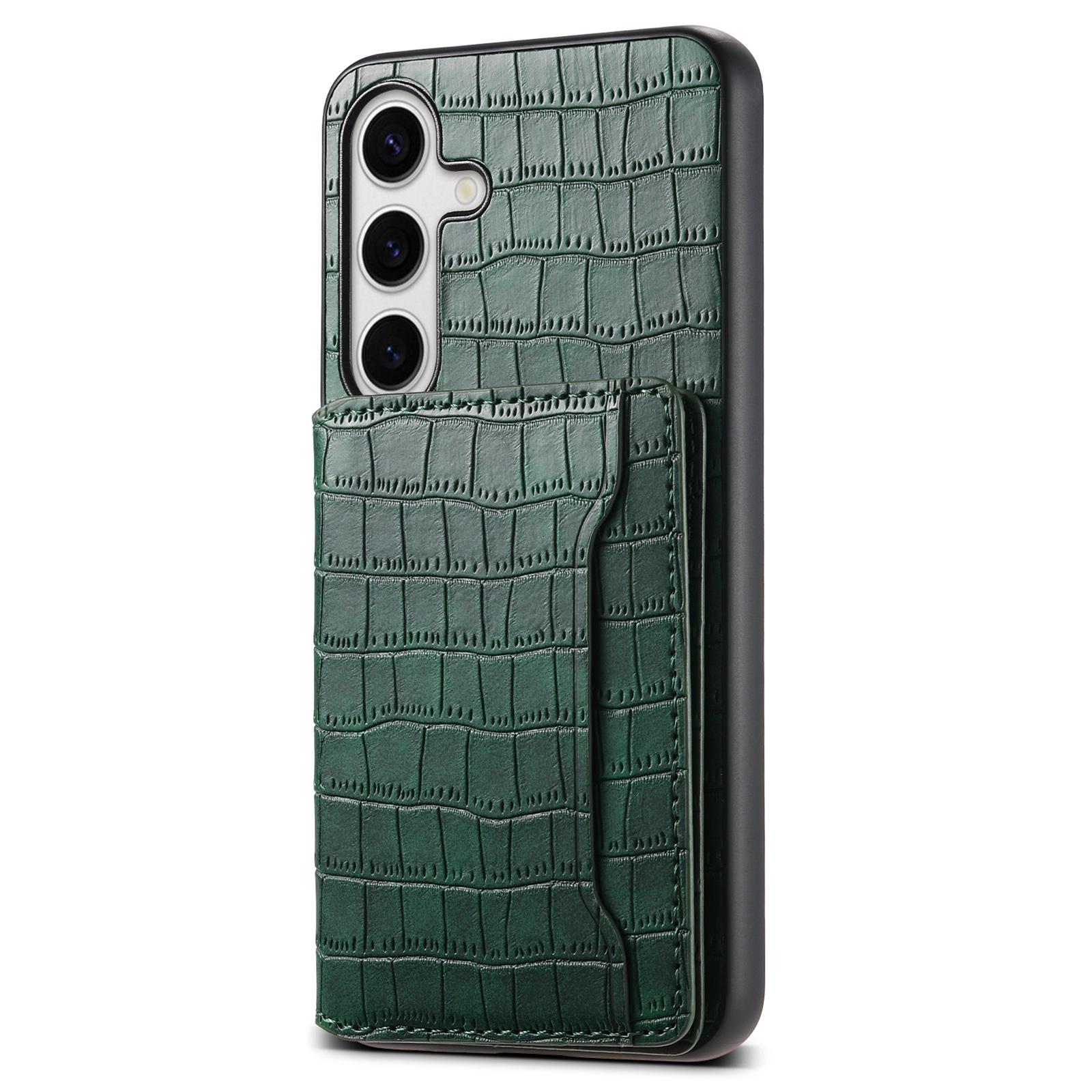 

For Samsung Galaxy S25+ Case Card Holder Kickstand Crocodile Texture Leather Back Phone Cover Green