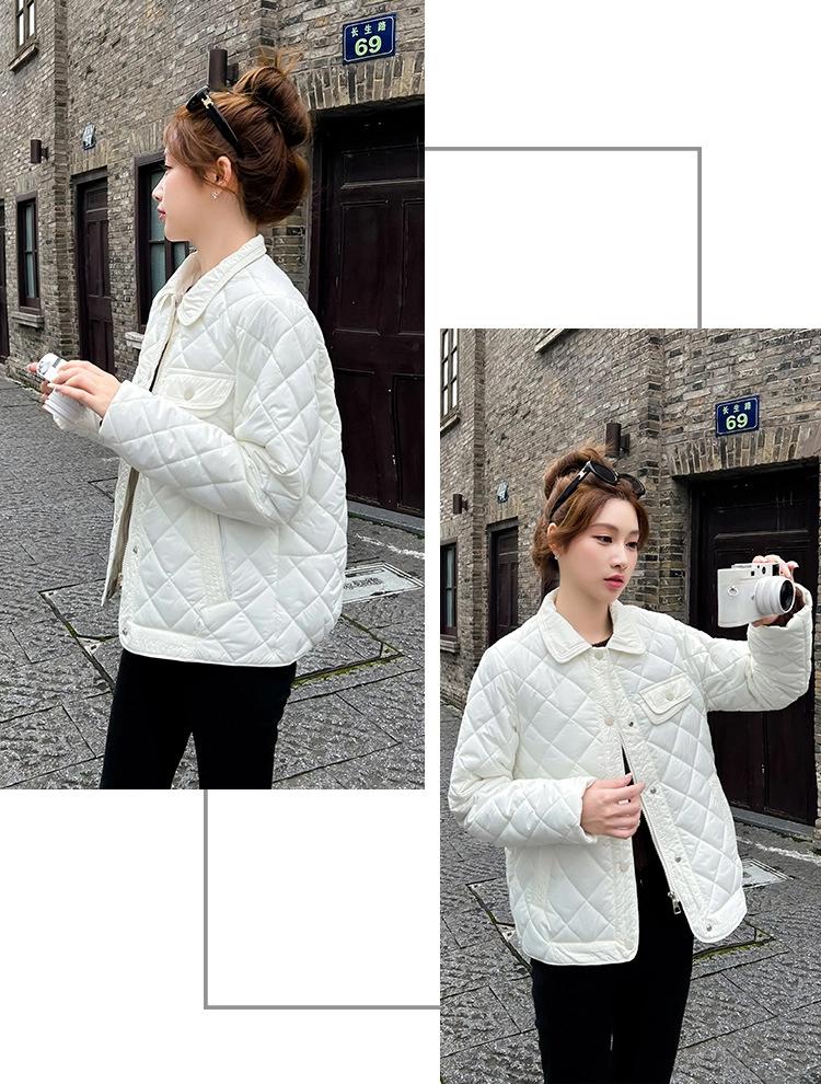 Thin Short Rhomboid Winter Jacket with Turn Down Collar