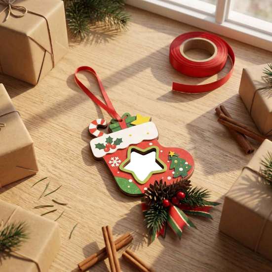 Custom Keepsake Gifts Wooden Christmas Tree Ornaments, 2D Stocking House Shaped Photo Frame Hanging Decor Decor, Xmas Ornament for Family Holiday