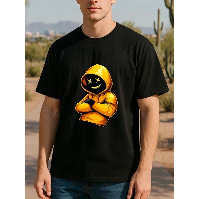 European size Yellow Hat Smiling Face Little Figure Cool Street Style Summer Fashion T-shirt, Casual Short-sleeved T-shirt, Round-neck Top